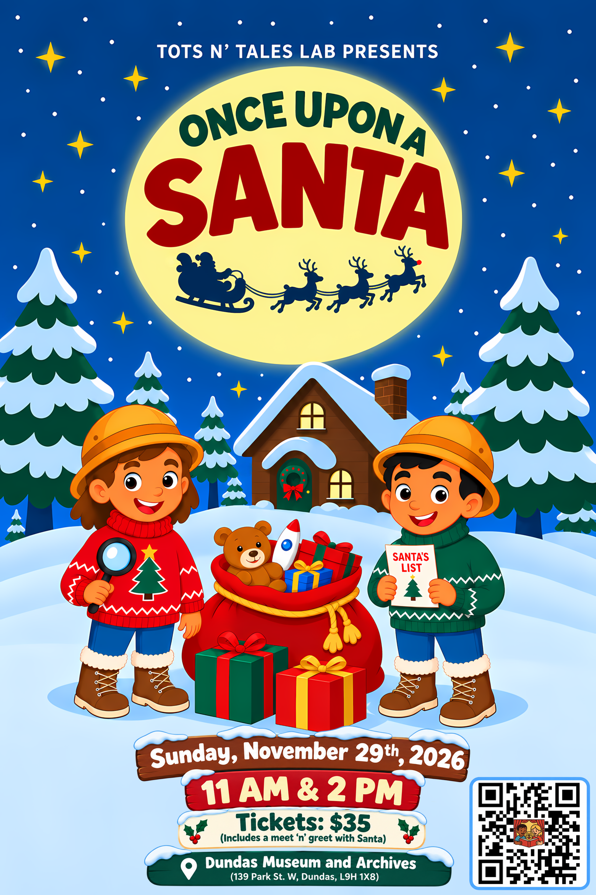 A festive illustrated event poster for 'Once Upon a Santa' presented by Tots 'N Tales Lab, featuring cartoon children in winter clothes with Santa's sack of gifts, a snowy house, pine trees, and event details including the date, time, and location at Dundas Museum and Archives.
